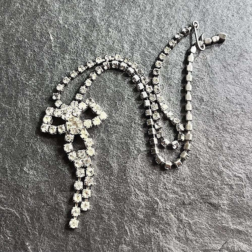 Vintage rhinestone choker, bow pendant necklace sparkle glam jewelry